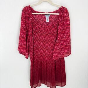 Catherines Womens Blouse Tunic Top Size 2X Stretch Smocked Flowy Office Geo Red
